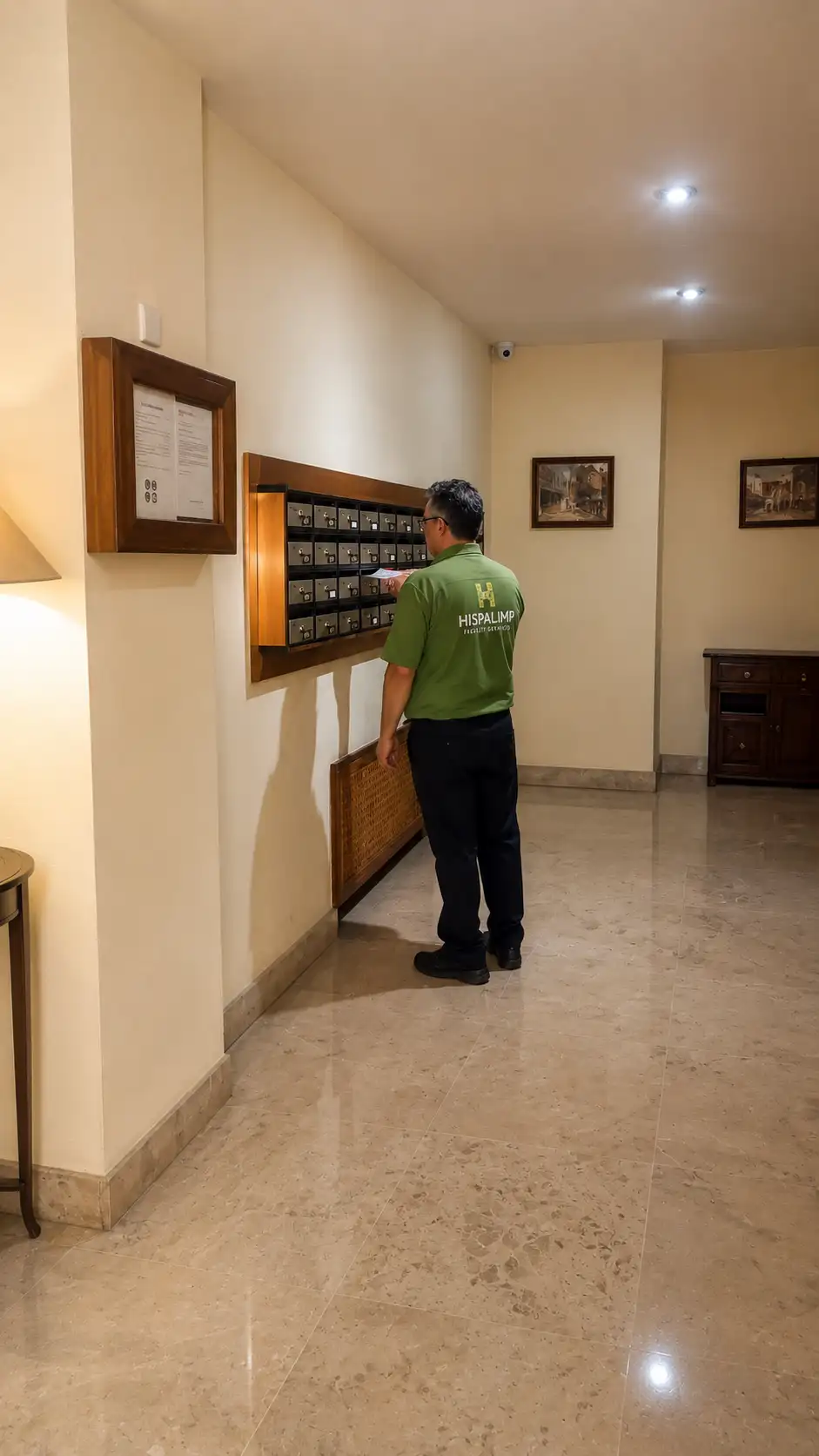 Conserje de Hispalimp gestionando correspondencia y buzones en una comunidad de vecinos de Cuatro Caminos, Bravo Murillo y Tetuán