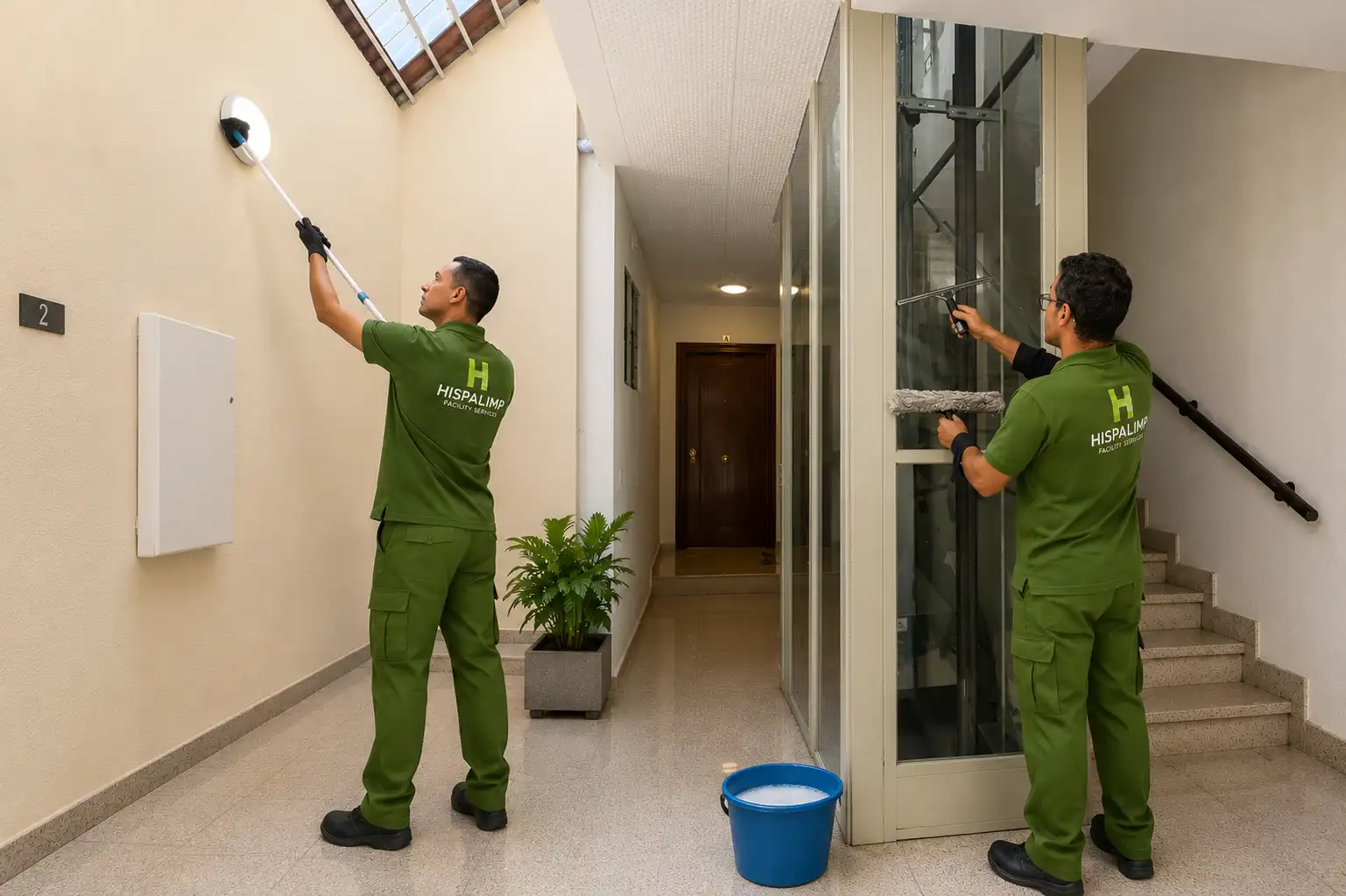 Personal de Hispalimp realizando tareas de limpieza en zonas comunes de una comunidad de vecinos en Cuatro Caminos, Bravo Murillo y Tetuán
