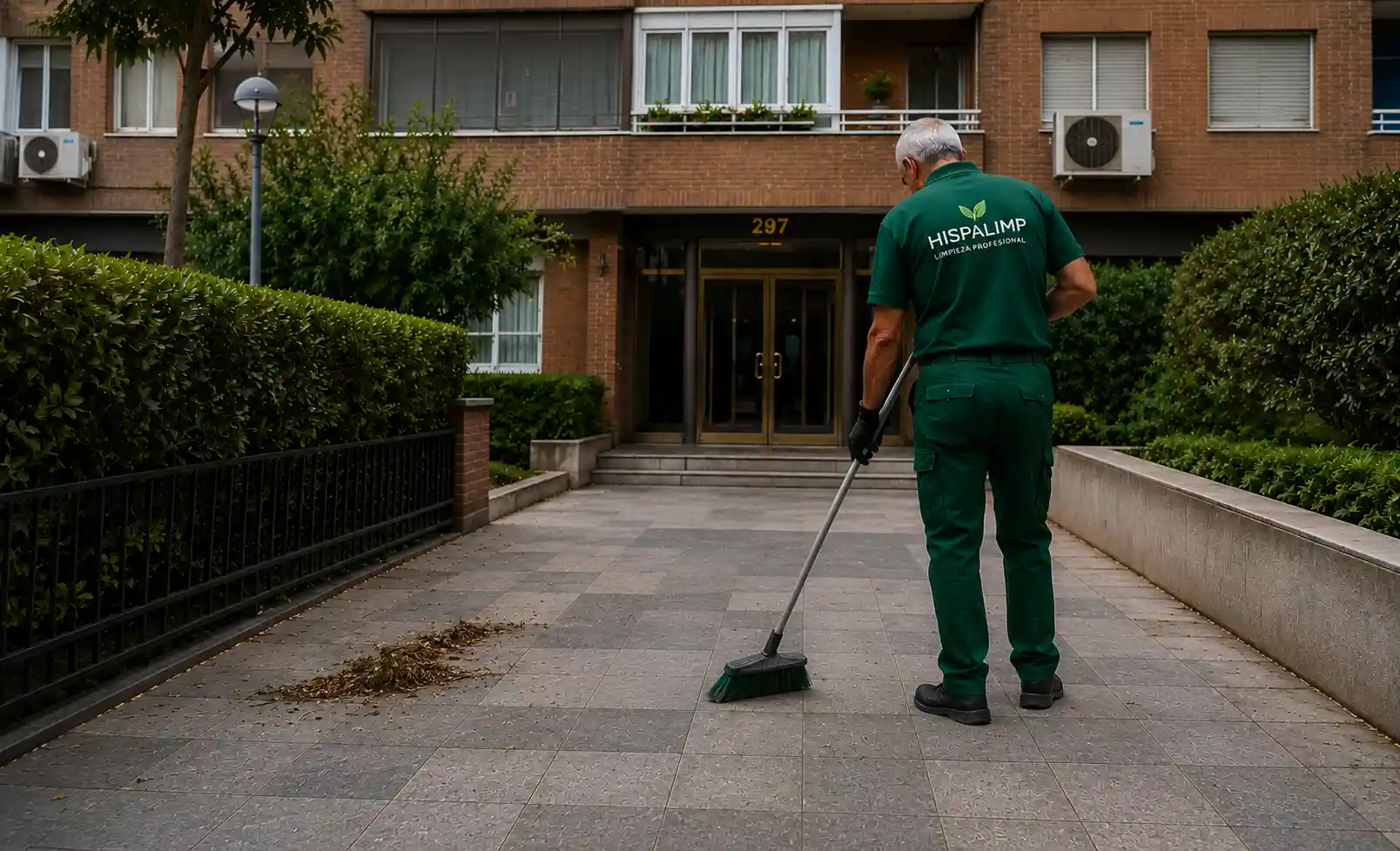 Operario de Hispalimp realizando la limpieza en la entrada de una comunidad de Propietarios Bravo Murillo