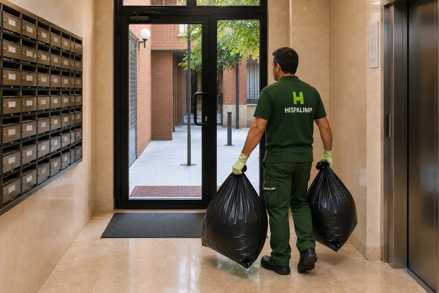 Operario de Hispalimp realizando la retirada de residuos en una comunidad de propietarios en Cuatro Caminos, Bravo Murillo y Tetuán