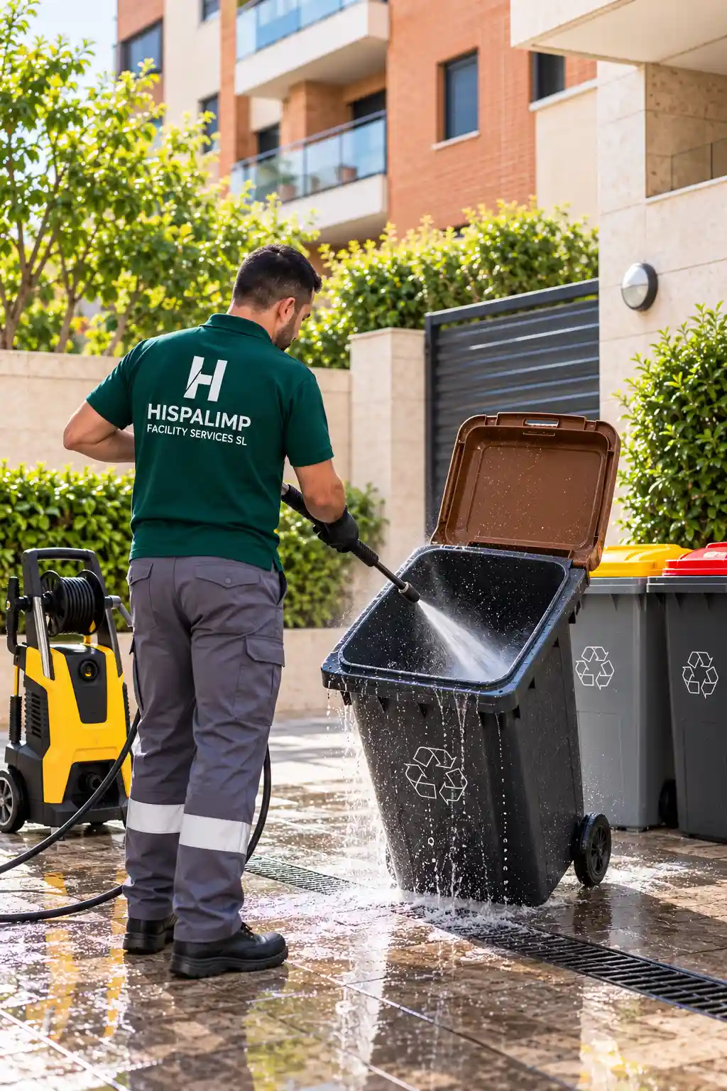 Limpieza de cubos de basura con agua a presión por un operario de Hispalimp en Cuatro Caminos, Bravo Murillo y Tetuán (Madrid).